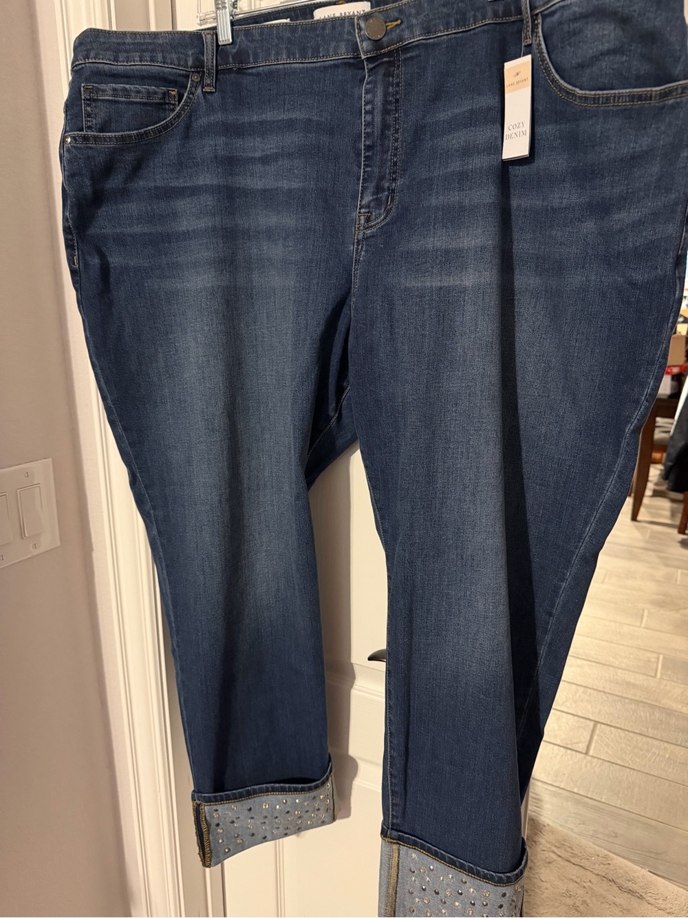 Lane Bryant Dark Wash Straight Leg Jeans with Embellished Cuffs